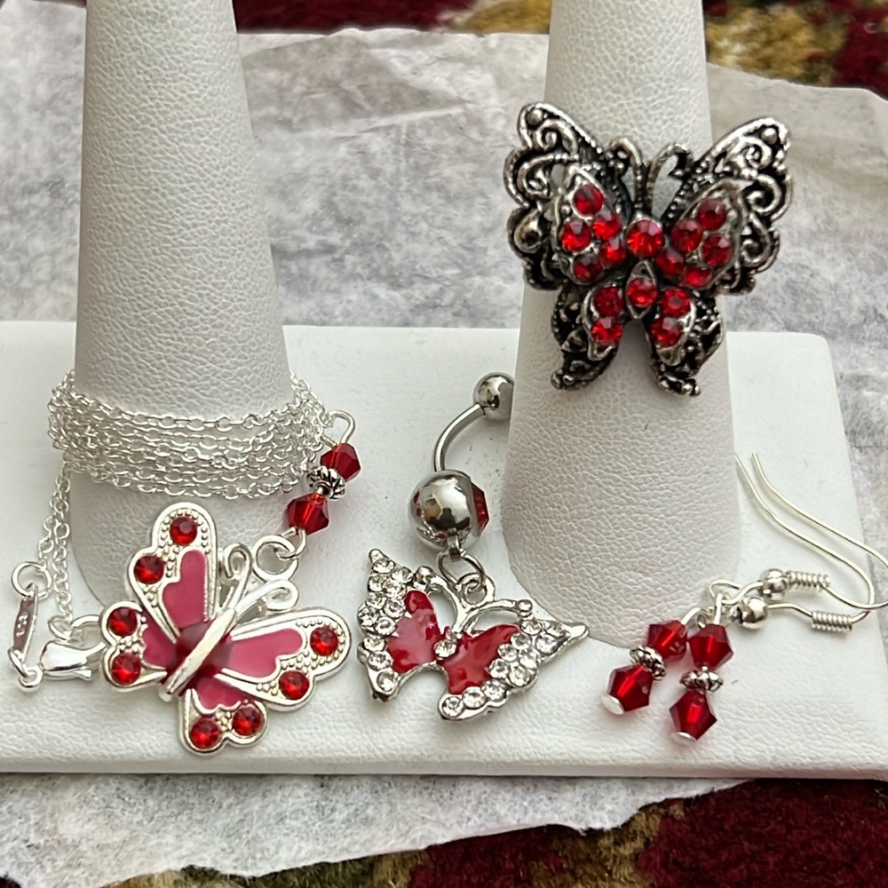 Butterflies! Belly button, necklace, earrings and ring set